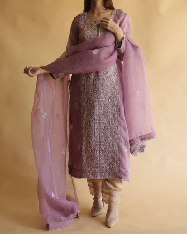 Noor Organza Silk Chikankari Straight Cut Kurta Dupatta Set - Image 11