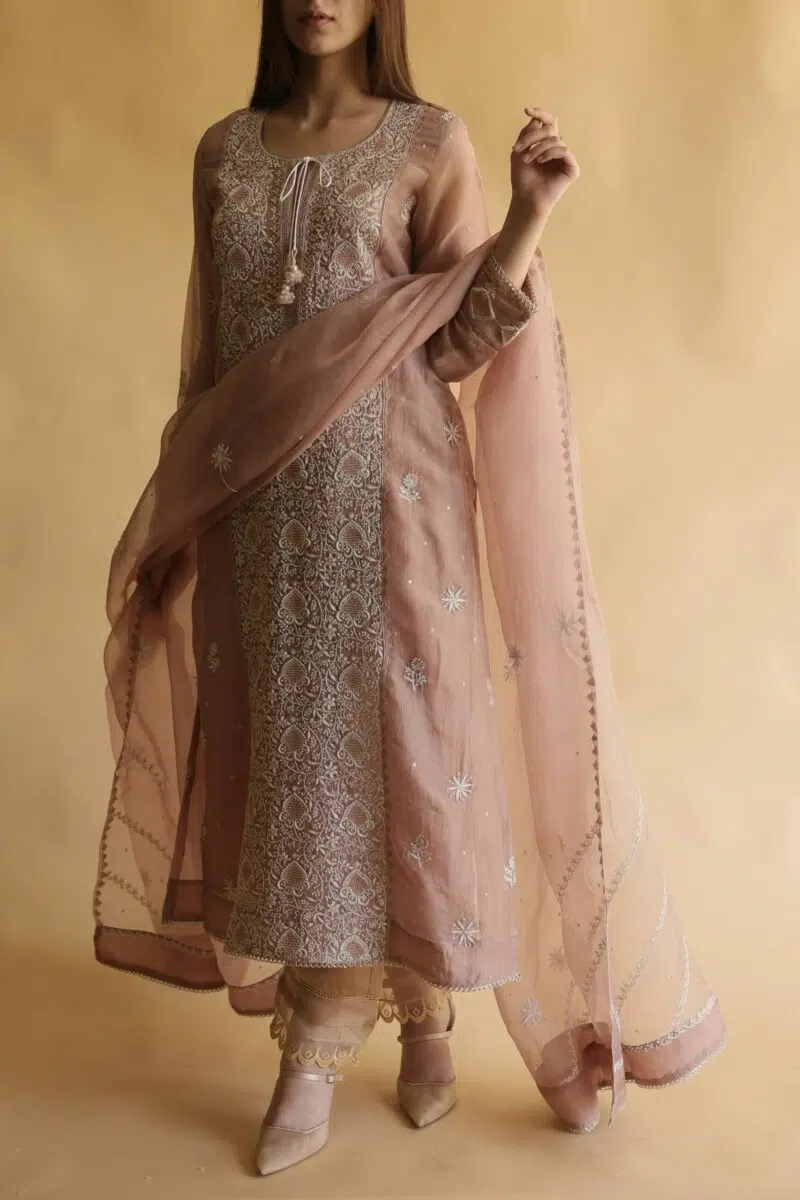 Noor Organza Silk Chikankari Straight Cut Kurta Dupatta Set