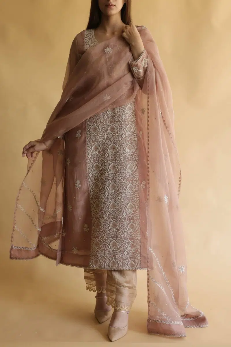 Noor Organza Silk Chikankari Straight Cut Kurta Dupatta Set