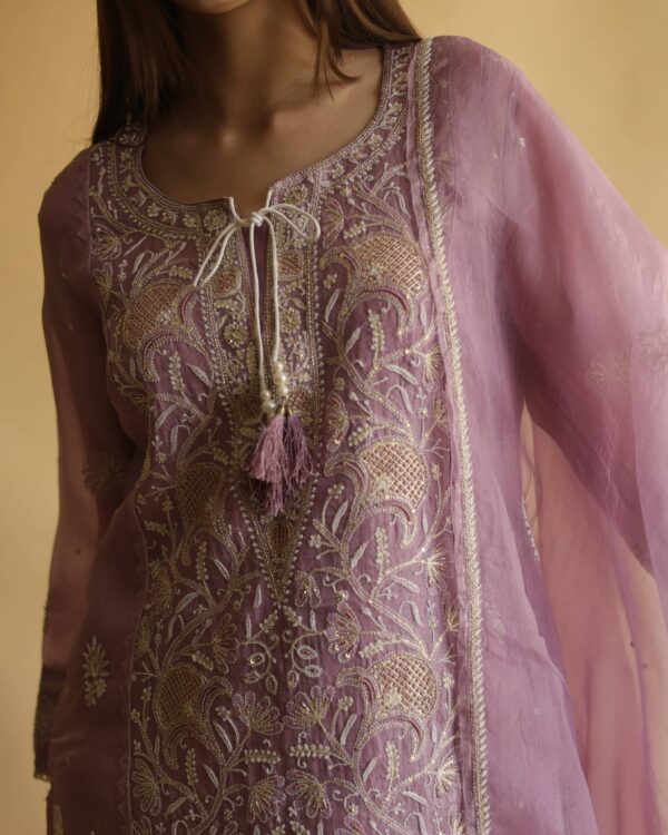 Noor Organza Silk Chikankari Straight Cut Kurta Dupatta Set - Image 6