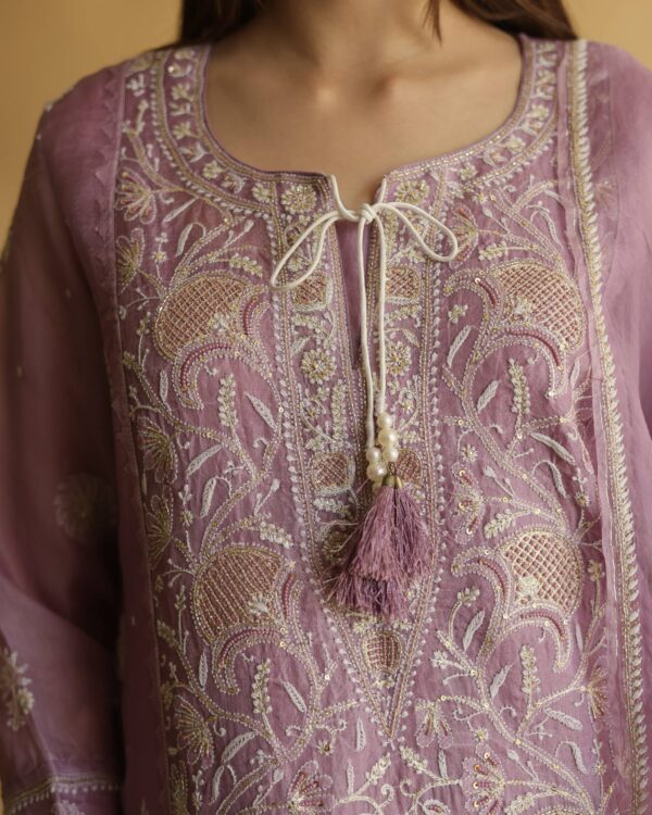 Noor Organza Silk Chikankari Straight Cut Kurta Dupatta Set - Image 7