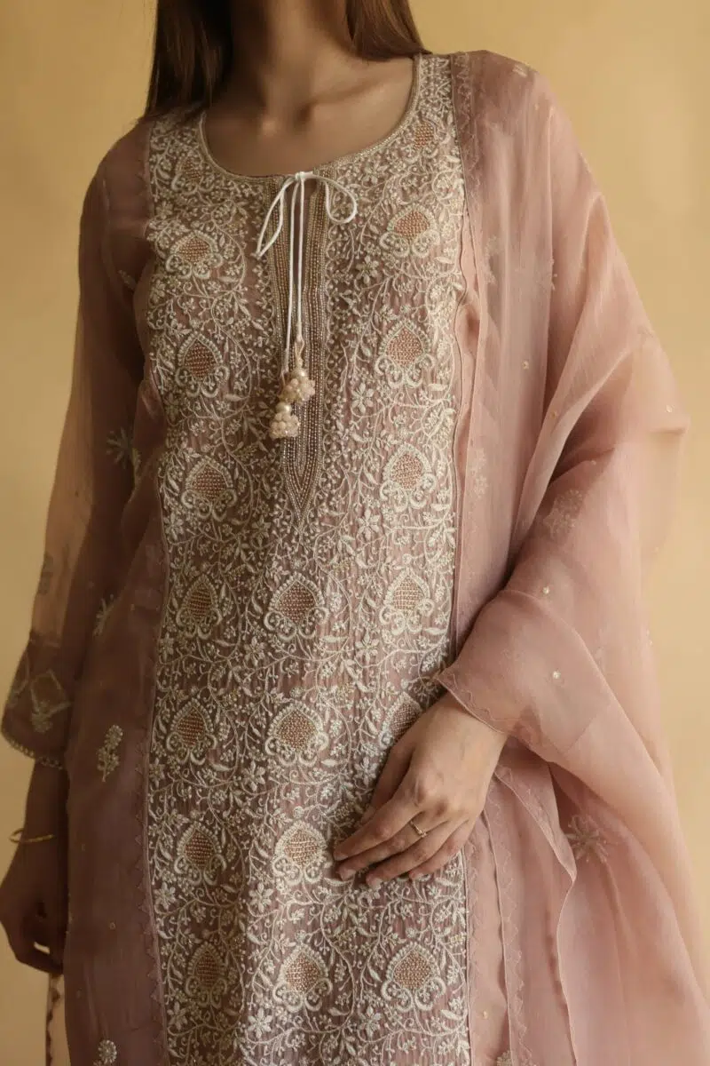 Noor Organza Silk Chikankari Straight Cut Kurta Dupatta Set
