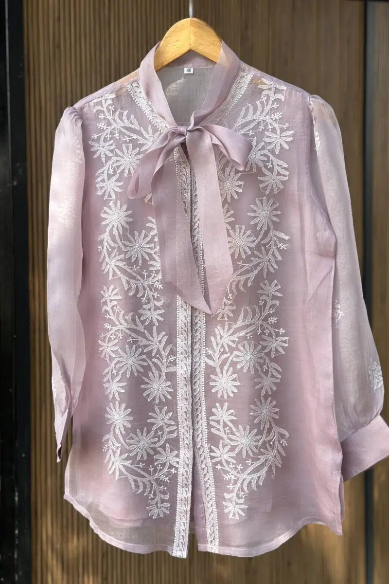 Noor Floral Organza Chikankari Bow-Tie Short Tops