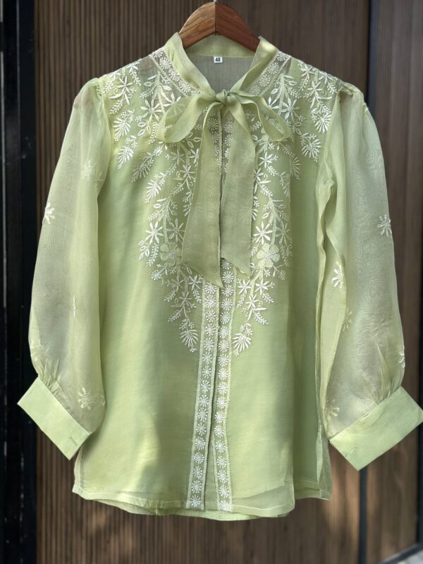 Noor Floral Organza Chikankari Bow-Tie Short Tops