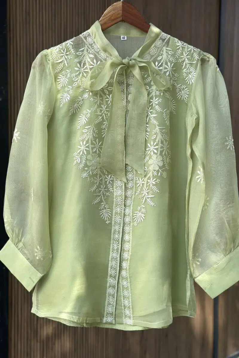 Noor Floral Organza Chikankari Bow-Tie Short Tops