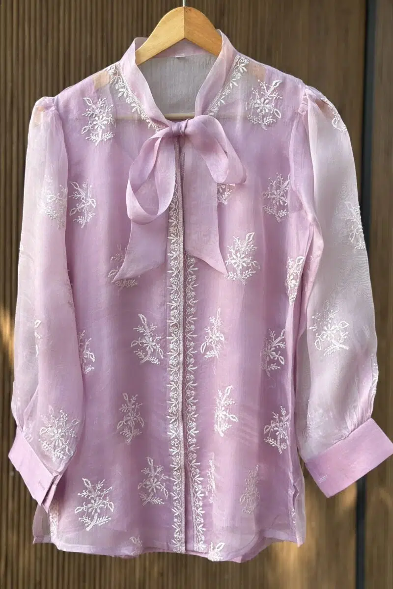 Noor Floral Organza Chikankari Bow-Tie Short Tops