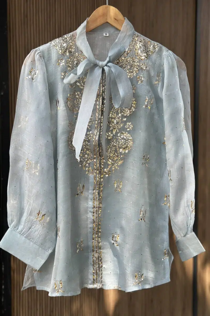 Noor Floral Organza Mukaish Bow-Tie Tops