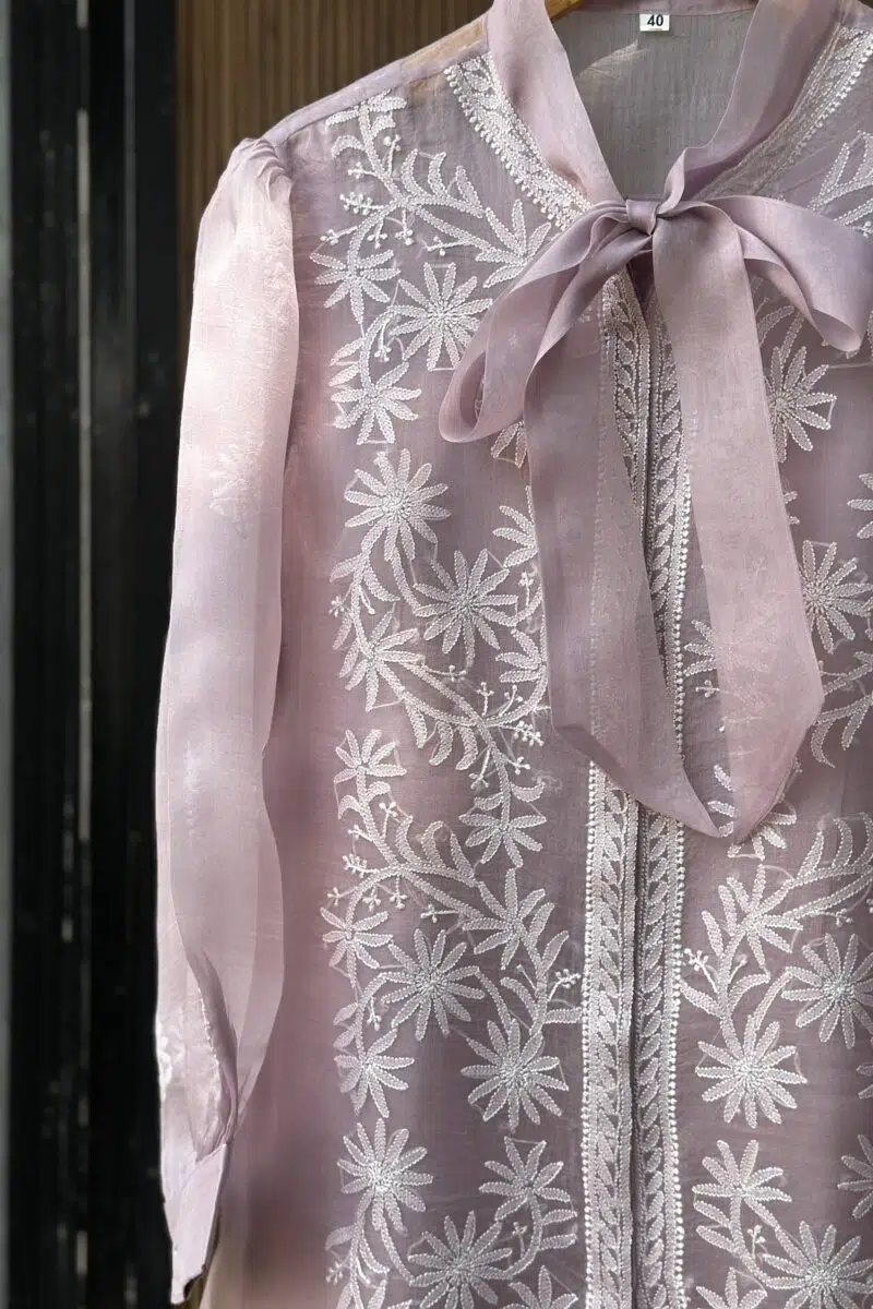 Noor Floral Organza Chikankari Bow-Tie Short Tops