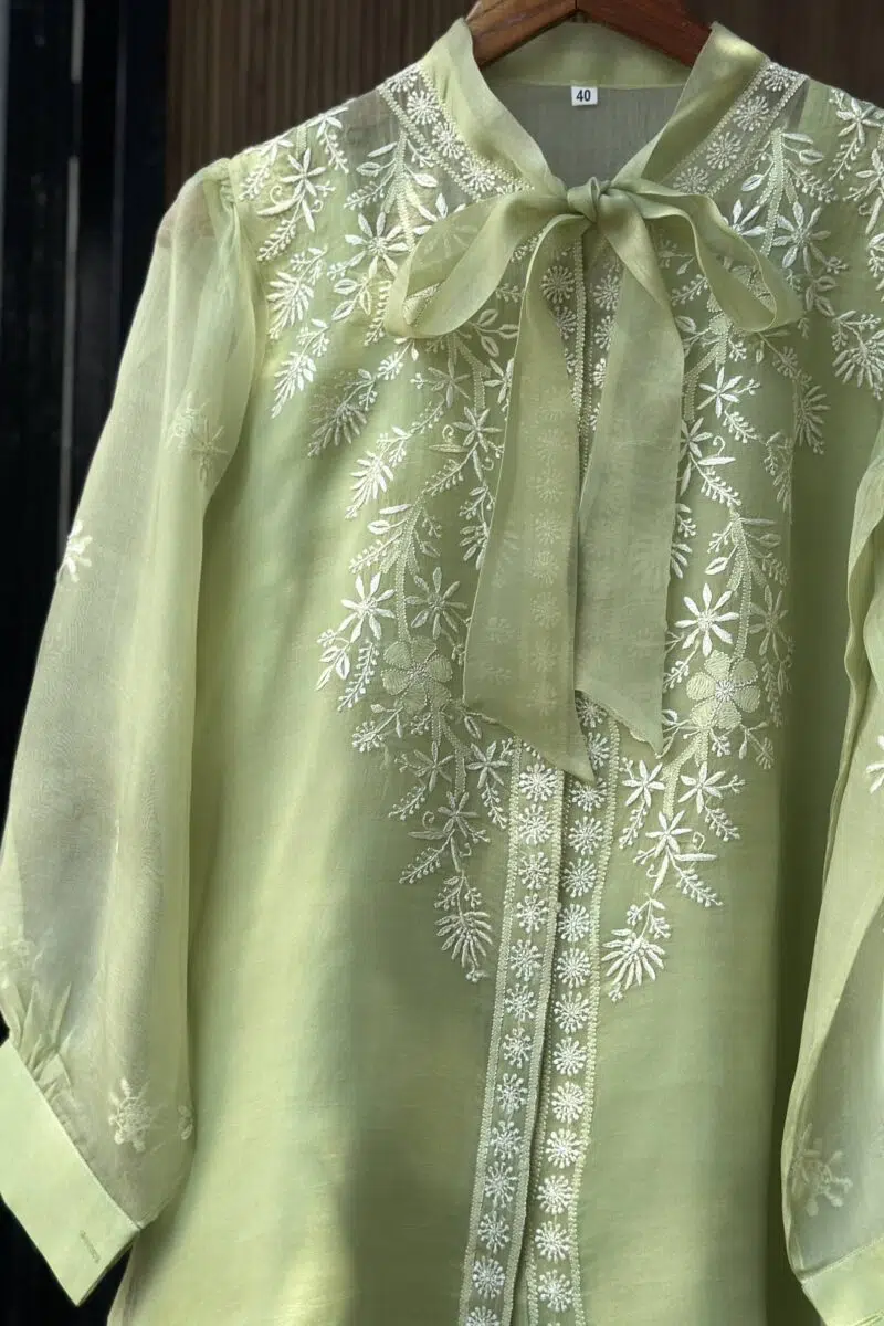 Noor Floral Organza Chikankari Bow-Tie Short Tops