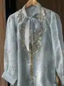 Noor Floral Organza Mukaish Bow-Tie Tops