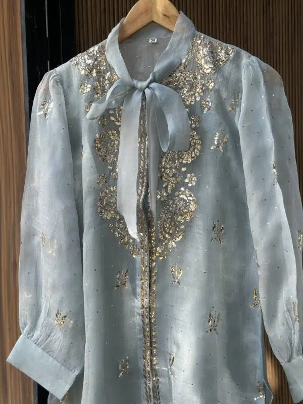 Noor Floral Organza Mukaish Bow-Tie Tops
