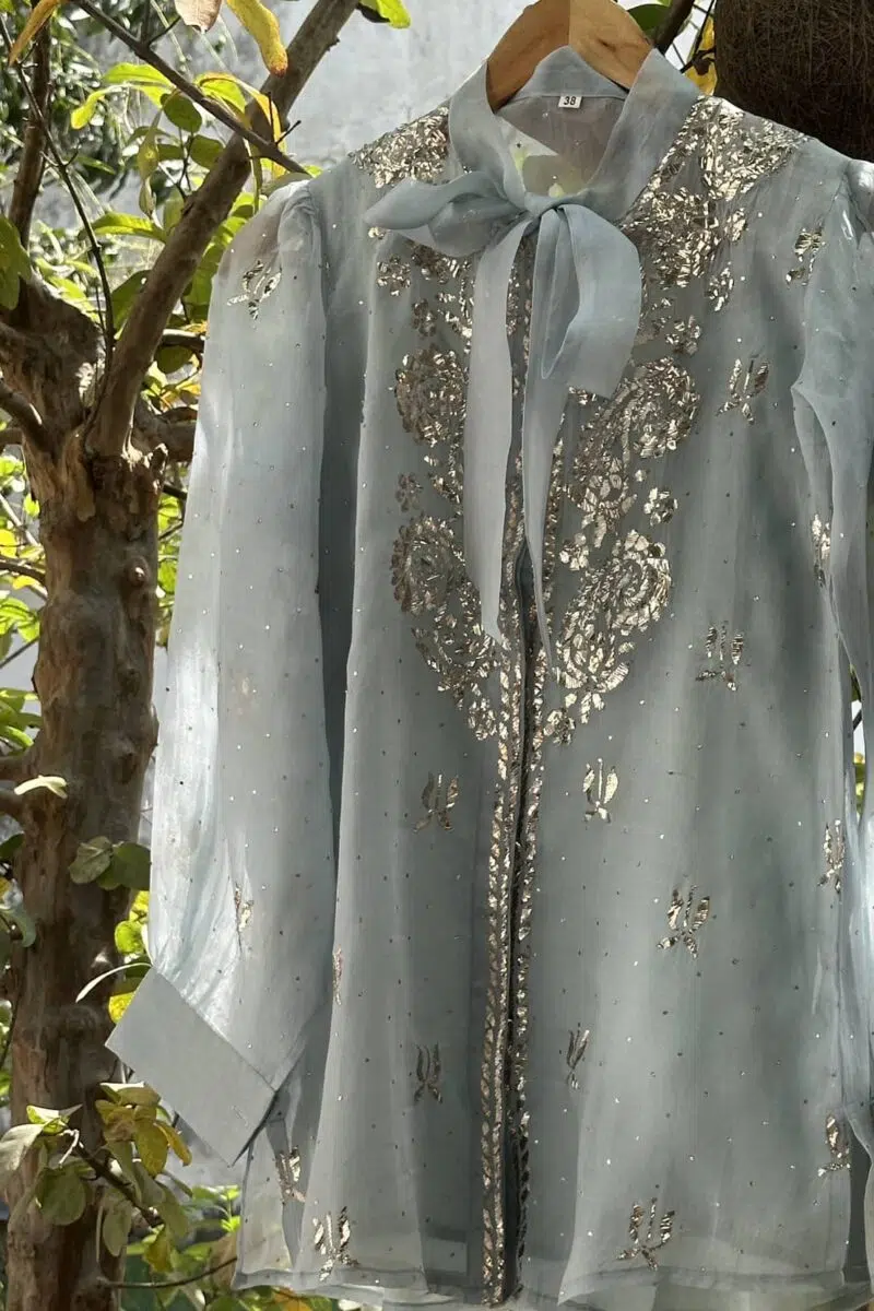 Noor Floral Organza Mukaish Bow-Tie Tops