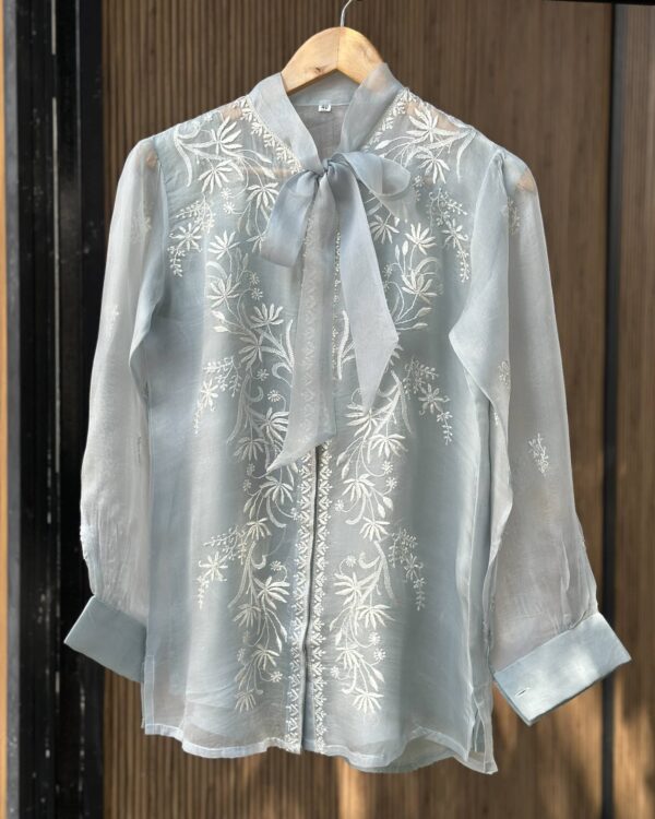 Noor Floral Organza Chikankari Bow-Tie Short Tops - Image 2