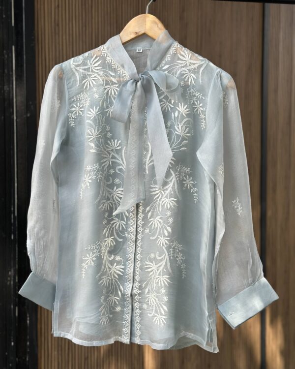 Noor Floral Organza Chikankari Bow-Tie Short Tops