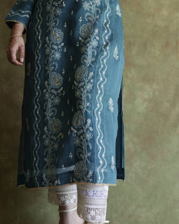 Organza Chikankari Applique Kurta Set | Prussian Blue - Image 10