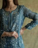 Organza Chikankari Applique Kurta Set | Prussian Blue