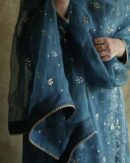 Organza Chikankari Applique Kurta Set | Prussian Blue