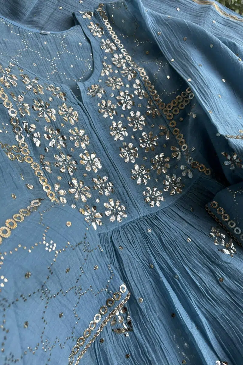 Pastel Blue | Mal Chanderi Mukaish Silk Dress