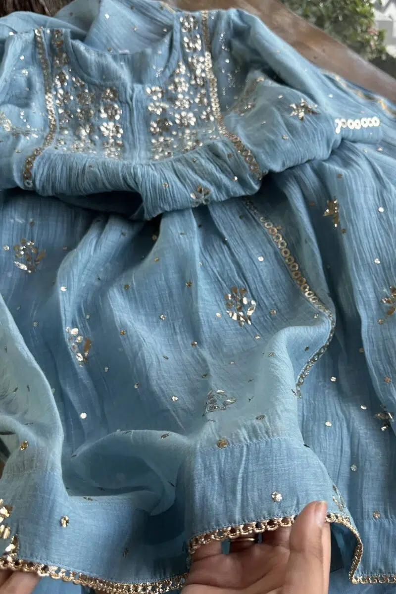 Pastel Blue | Mal Chanderi Mukaish Silk Dress