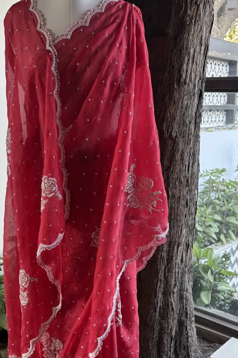 Red | Noor Organza Cutwork Saree