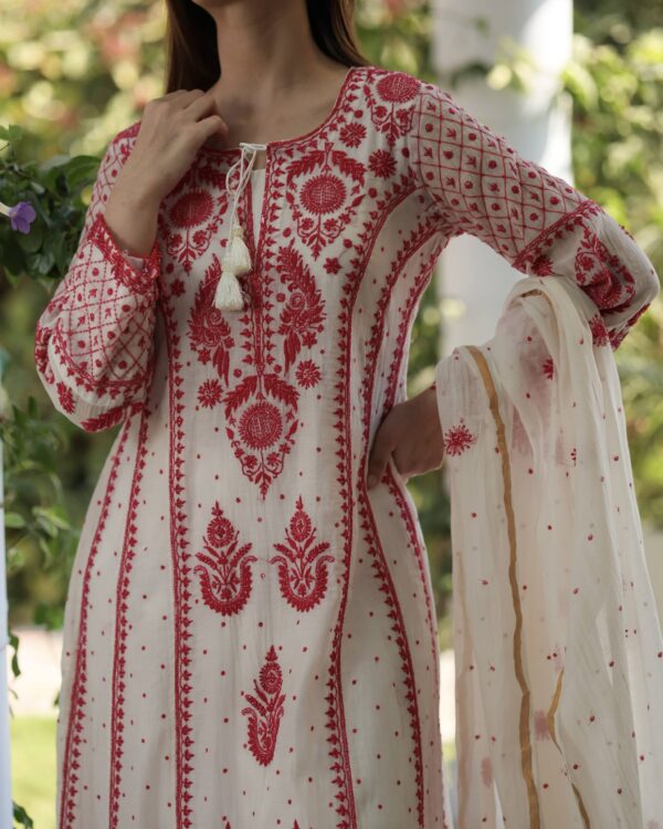Rose Taupe Malmal Pearl Work Chikankari Anarkali With Dupatta - Image 14