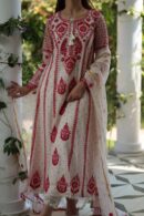 Rose Taupe Malmal Pearl Work Chikankari Anarkali With Dupatta