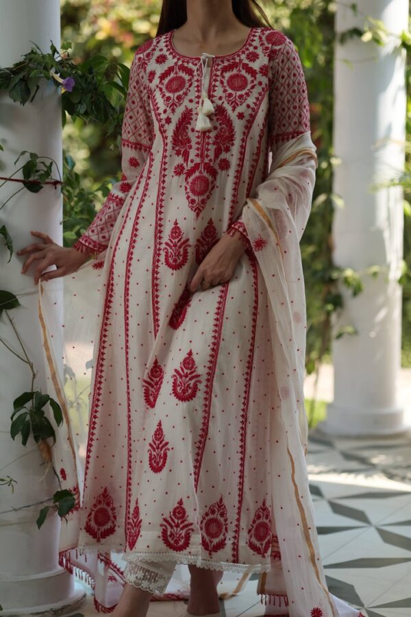 Rose Taupe Malmal Pearl Work Chikankari Anarkali With Dupatta - Image 15