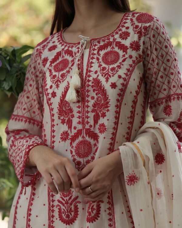 Rose Taupe Malmal Pearl Work Chikankari Anarkali With Dupatta - Image 6