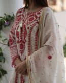 Rose Taupe Malmal Pearl Work Chikankari Anarkali With Dupatta