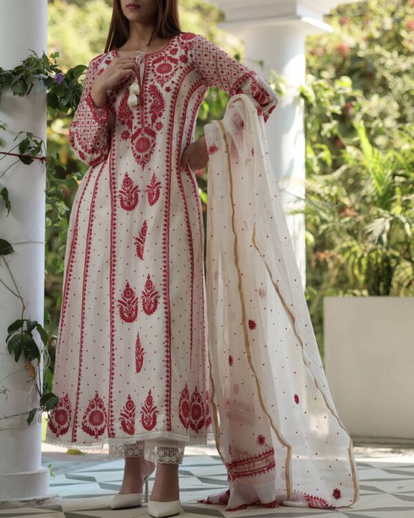 Rose Taupe Malmal Pearl Work Chikankari Anarkali With Dupatta - Image 9