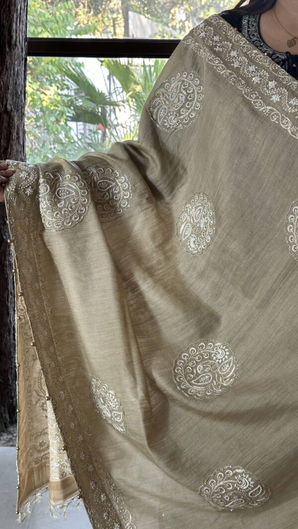 Natural Shade Fine Chikankari Ari Tissue Silk Dupatta - Image 3