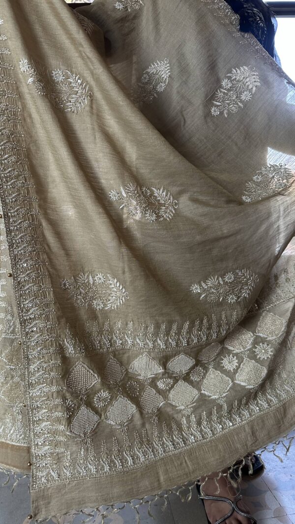 Natural Shade Fine Chikankari Ari Tissue Silk Dupatta - Image 3