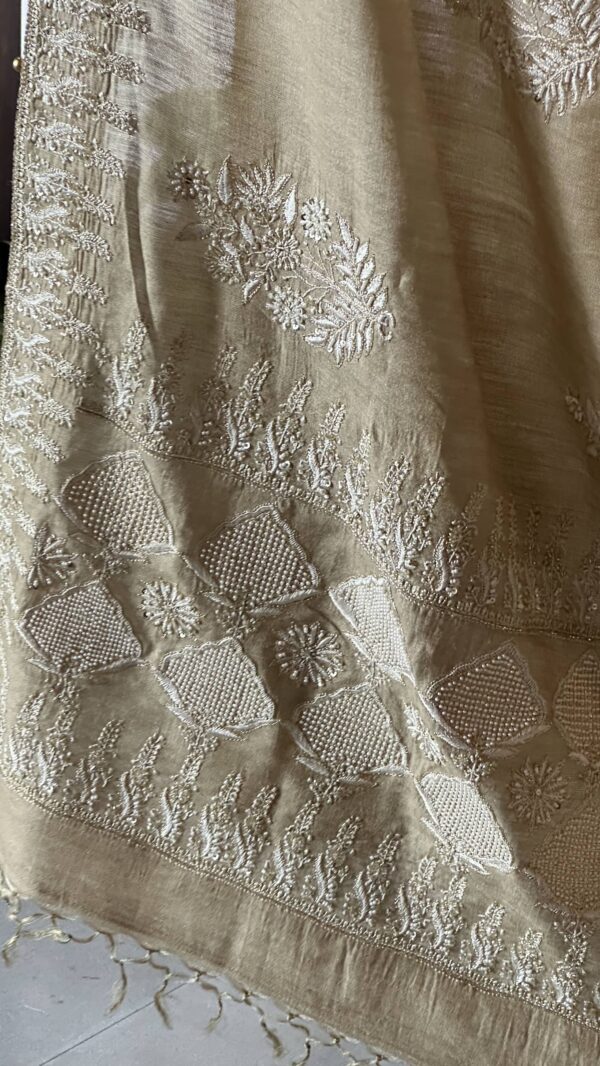 Natural Shade Fine Chikankari Ari Tissue Silk Dupatta - Image 5
