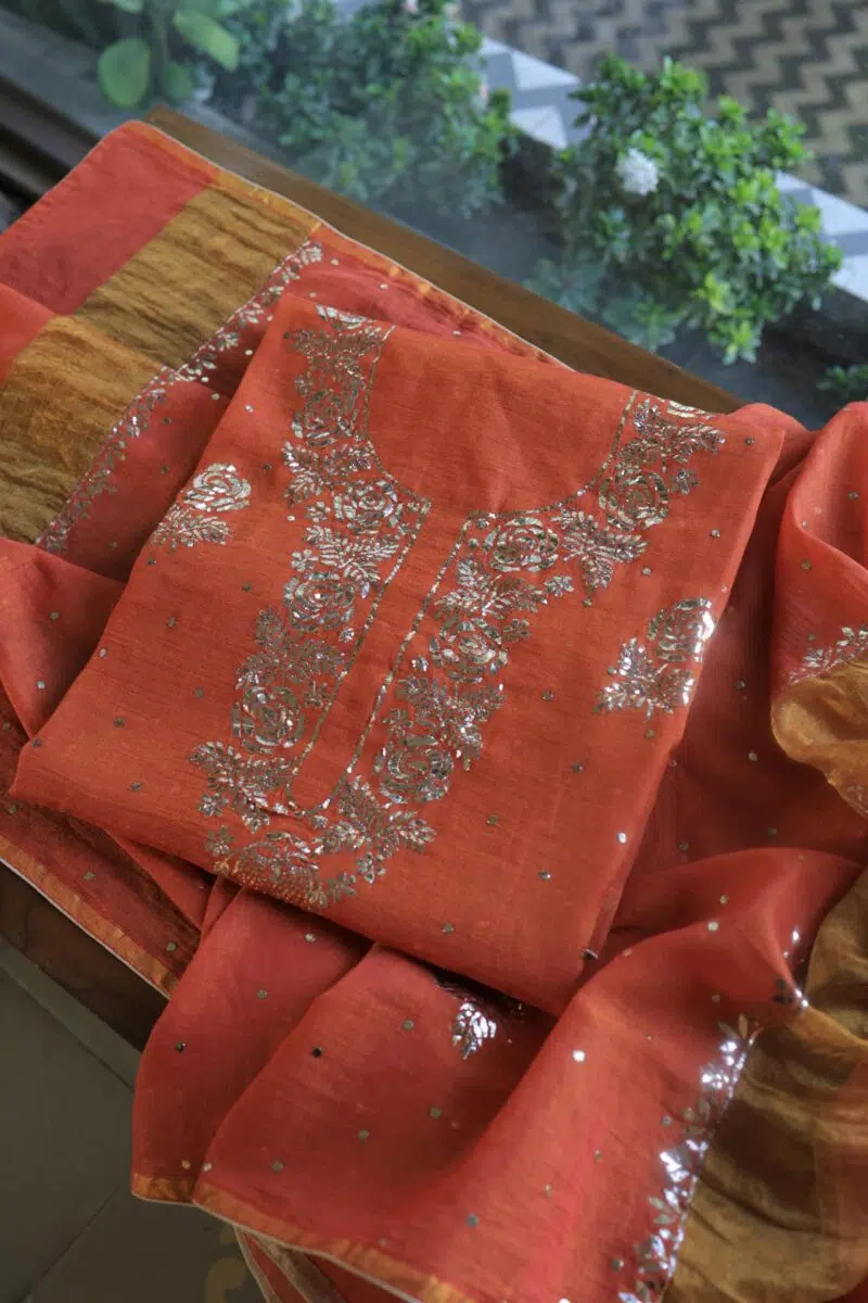 Brick Red | Tissue Silk Mukaish Fabrics
