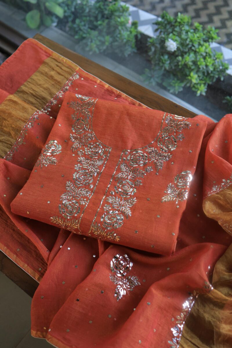 Brick Red | Tissue Silk Mukaish Fabrics