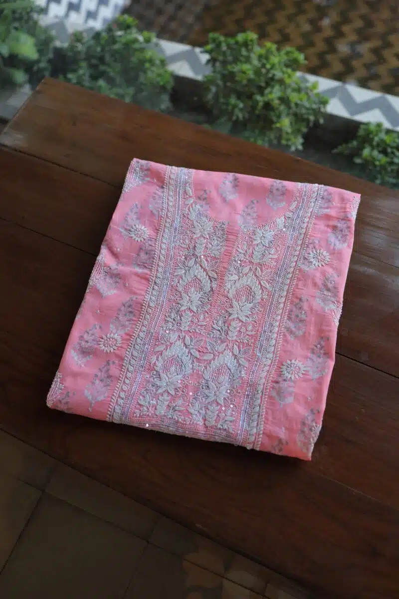 Lotus Pink Cotton Chikankari Unstitched Kurta Fabrics