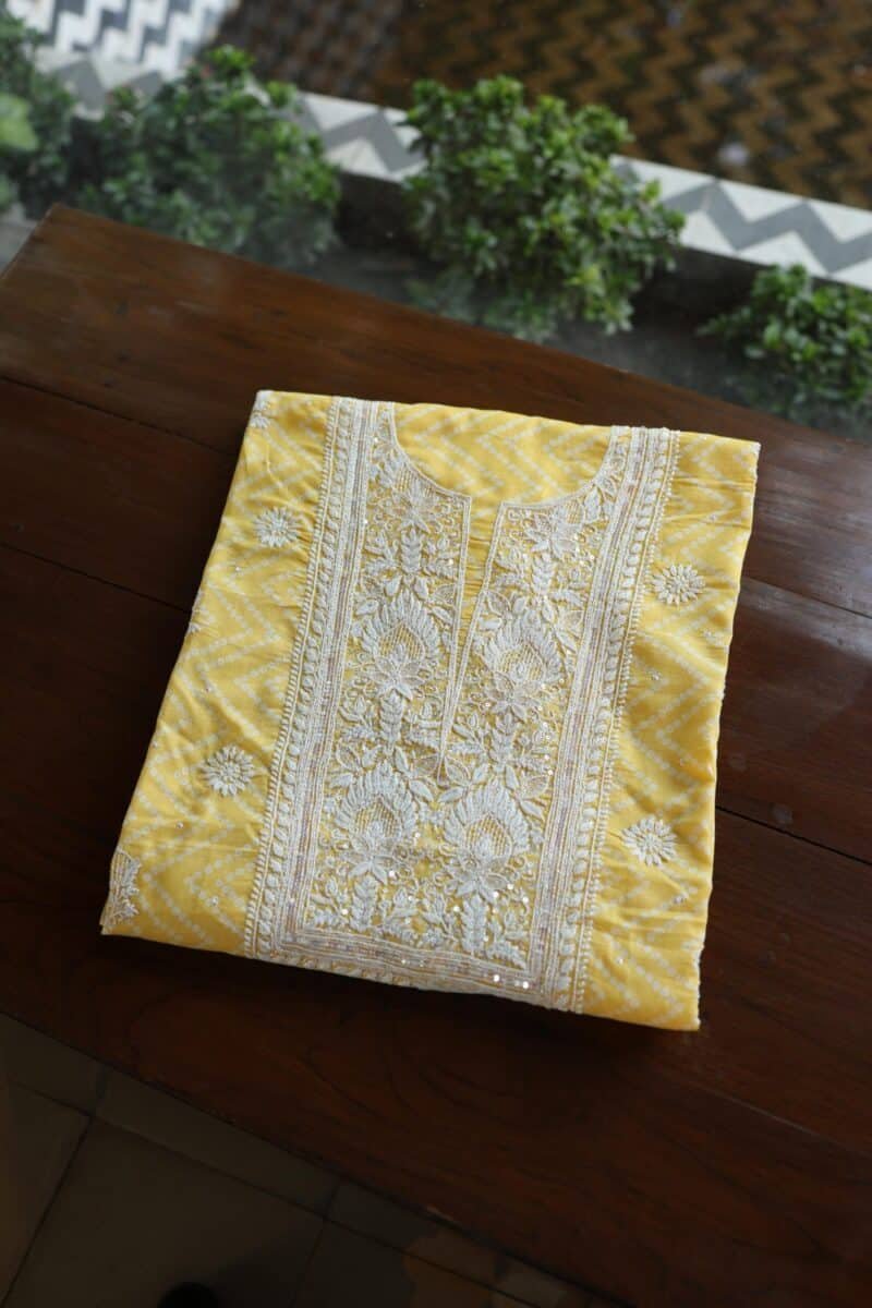 Yellow Cotton Chikankari Unstitched Kurta Fabrics