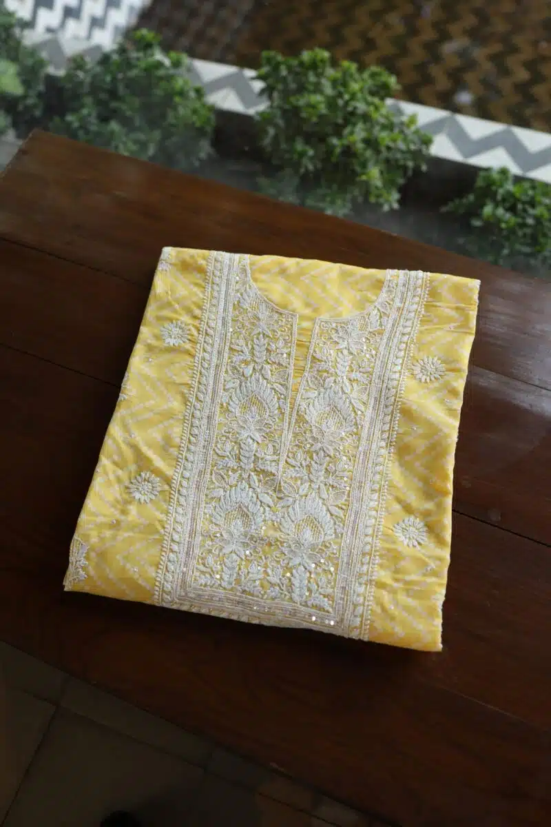 Yellow Cotton Chikankari Unstitched Kurta Fabrics