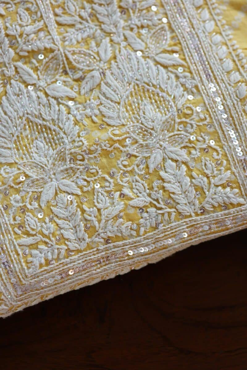 Yellow Cotton Chikankari Unstitched Kurta Fabrics