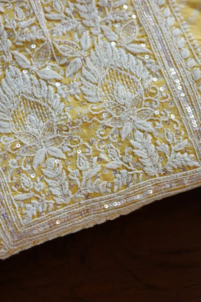 Yellow Cotton Chikankari Unstitched Kurta Fabrics