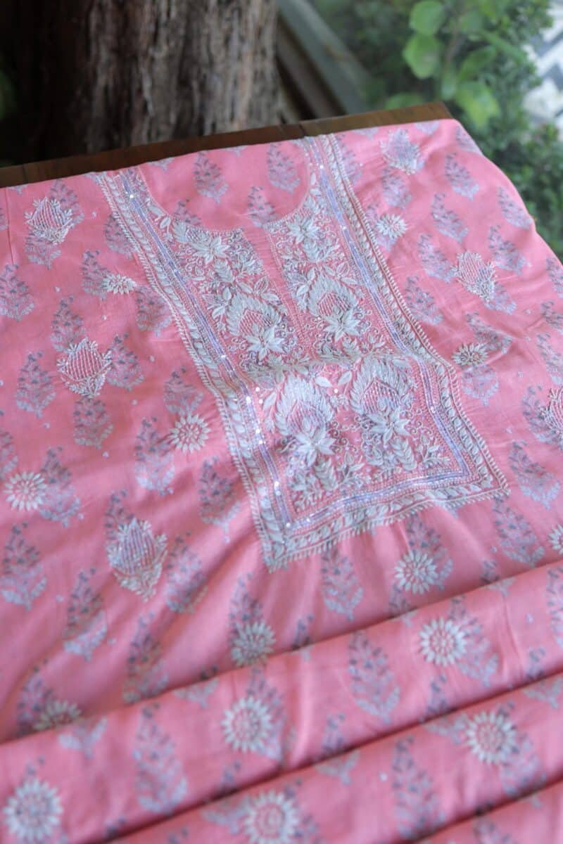 Lotus Pink Cotton Chikankari Unstitched Kurta Fabrics
