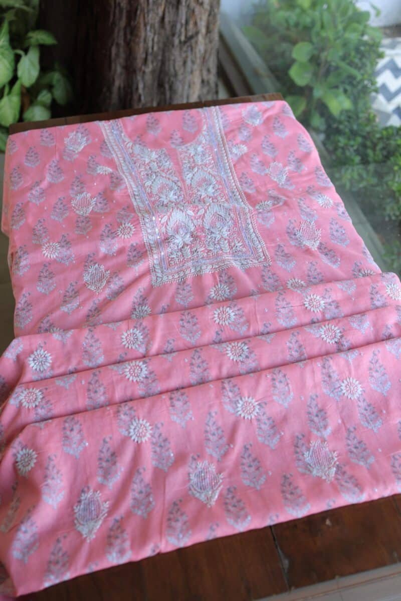 Lotus Pink Cotton Chikankari Unstitched Kurta Fabrics