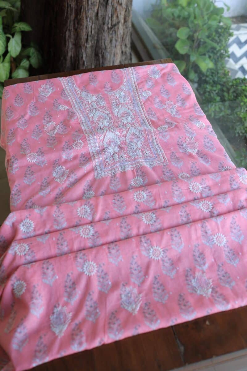 Lotus Pink Cotton Chikankari Unstitched Kurta Fabrics