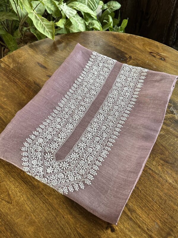 English Lavender Linen Chikankari Unstitched Men's Kurta Fabric - Image 3