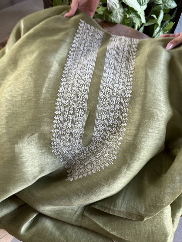 Green Linen Chikankari Unstitched Men's Kurta Fabric