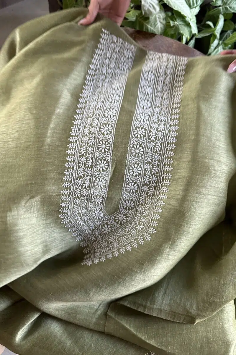 Green Linen Chikankari Unstitched Men's Kurta Fabric