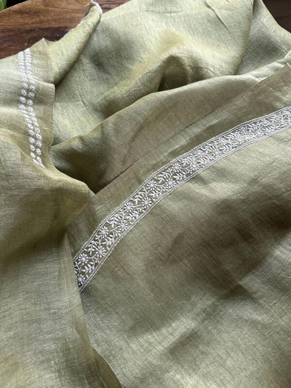 Green Linen Chikankari Unstitched Men's Kurta Fabric - Image 5