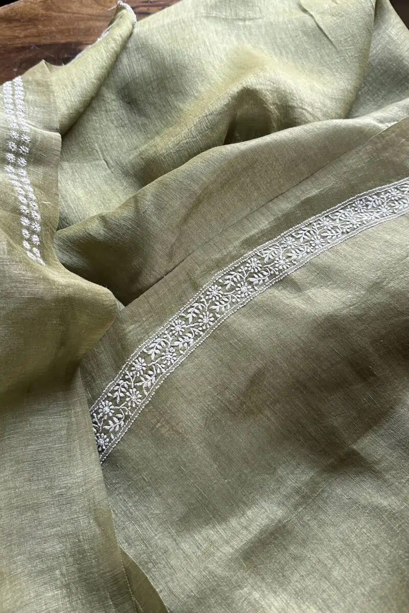 Green Linen Chikankari Unstitched Men's Kurta Fabric