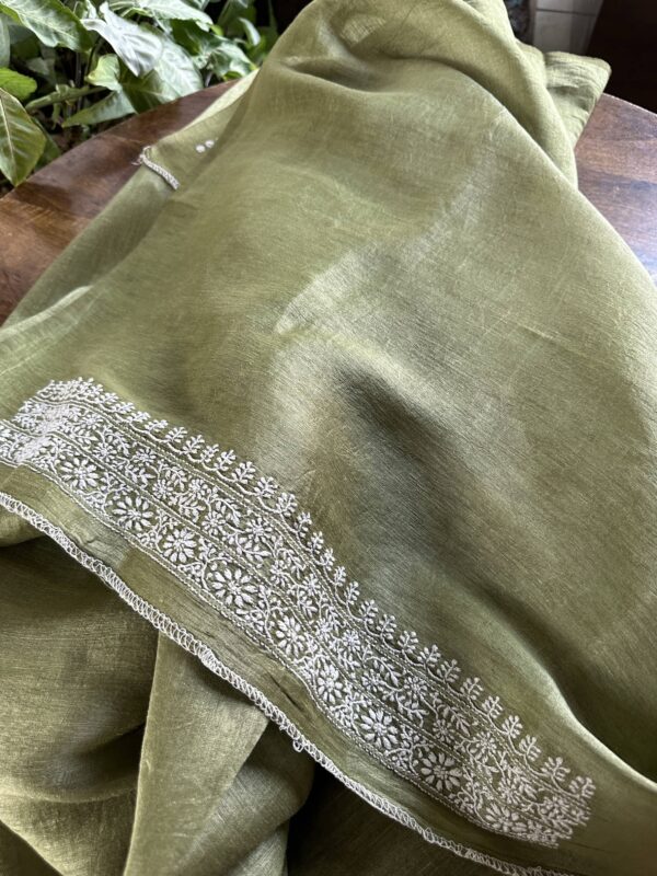 Green Linen Chikankari Unstitched Men's Kurta Fabric - Image 6