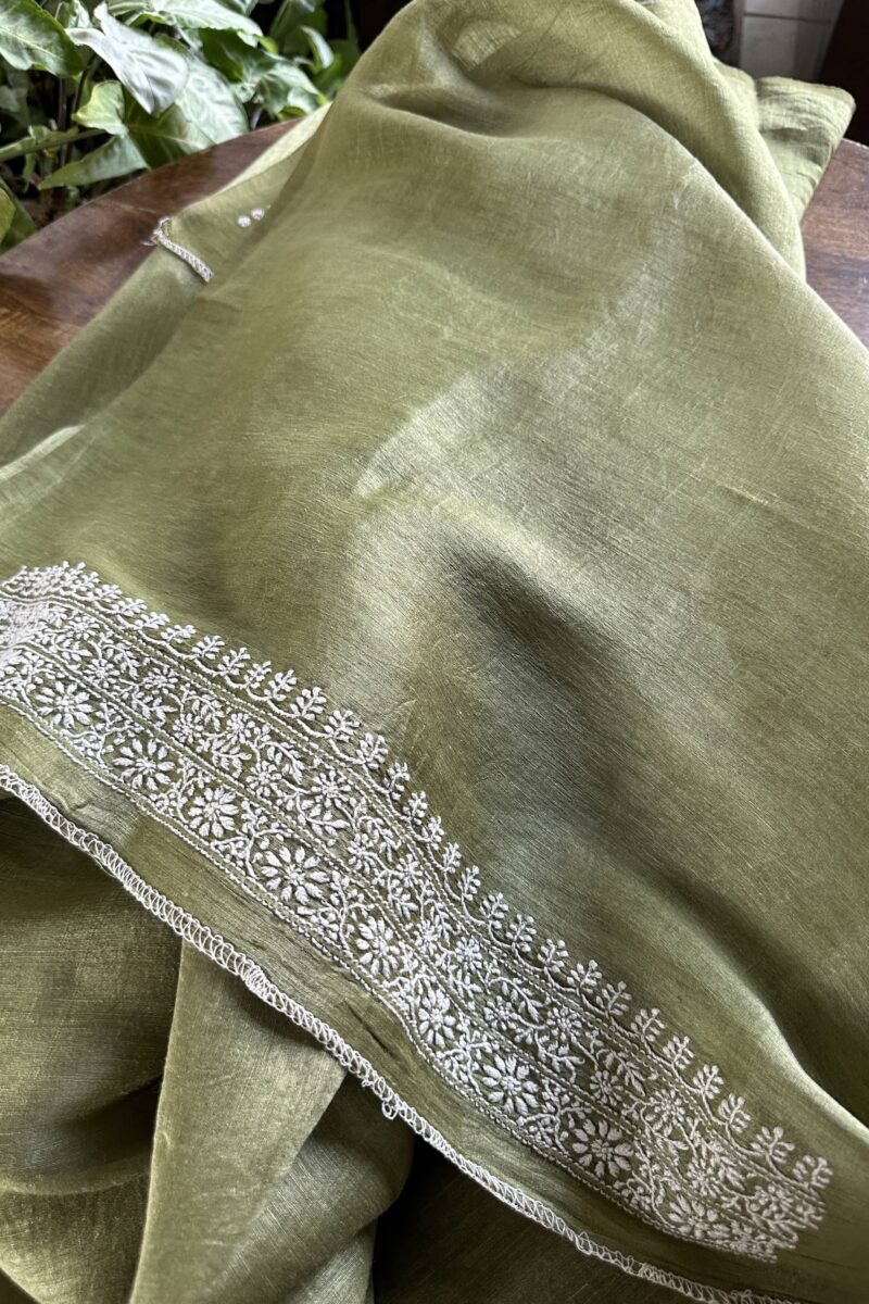 Green Linen Chikankari Unstitched Men's Kurta Fabric